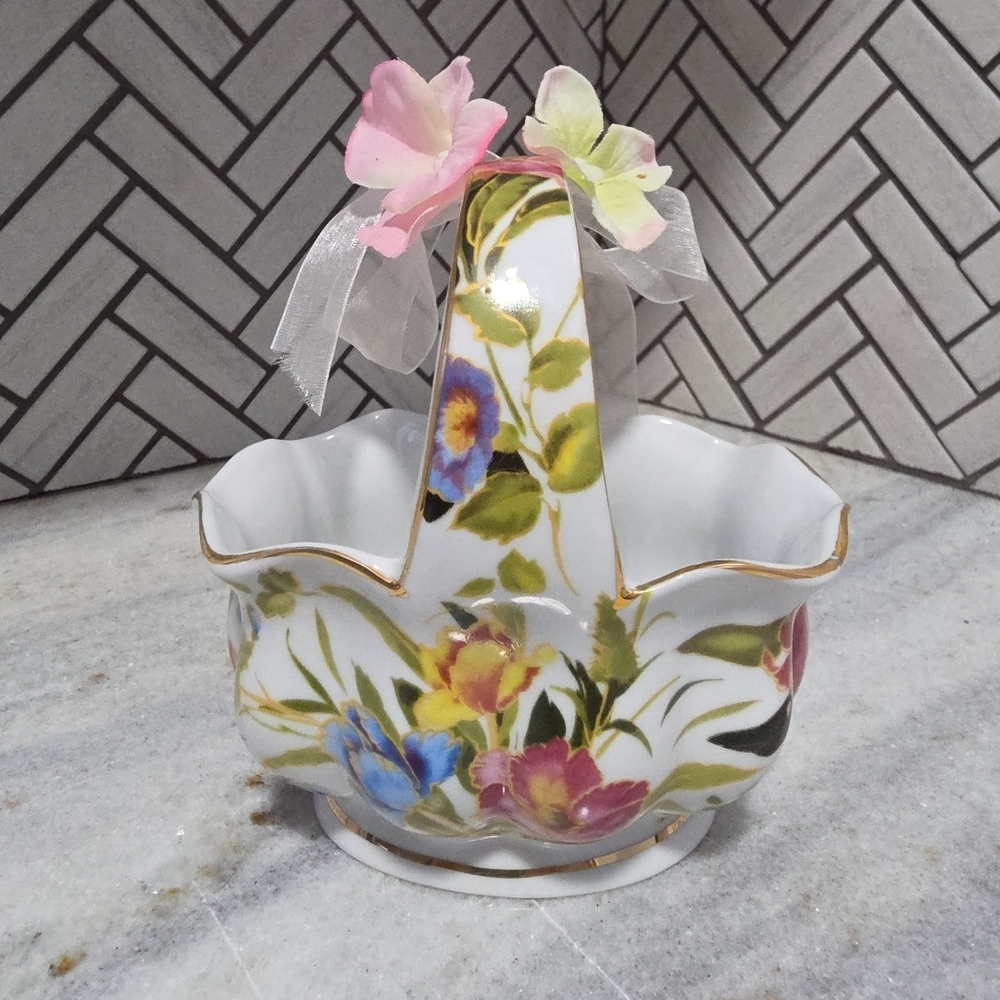 Floral Porcelain Basket with Gold Accents